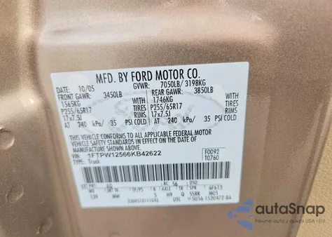 2006 Ford F150 Supercrew z USA, uszkodzony, nr VIN 1FTPW12566KB42622